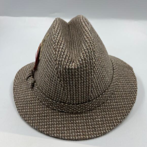 Vintage Botany 500 Houndstooth Wool Fedora Hat Feather Detail Sherlock Holmes - Picture 7 of 11